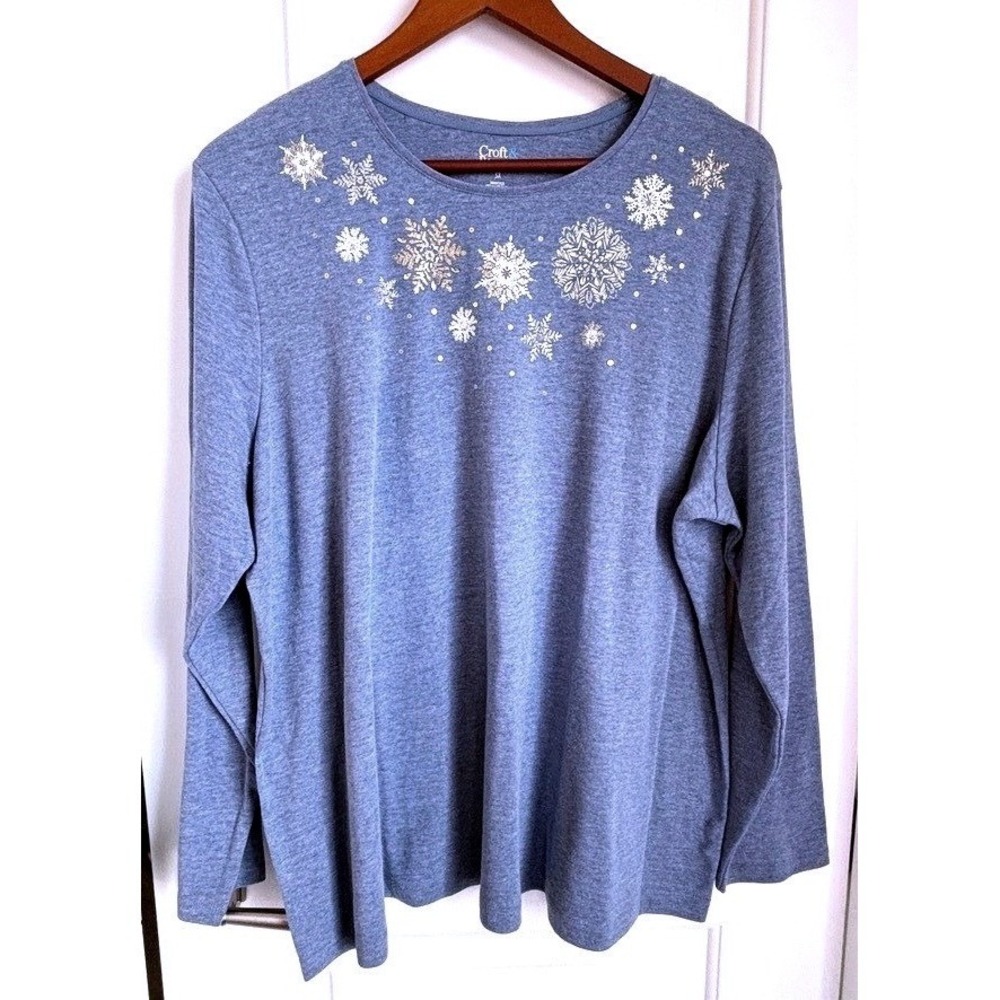 Croft Barrow Sequin Snowflake Long Sleeve Top 3X Cozy Festive Casual Winter Glam